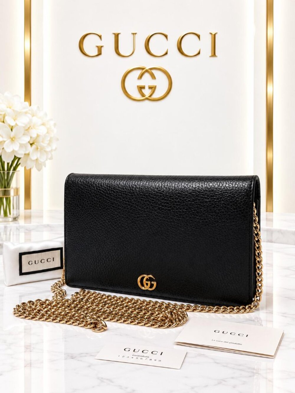 Authentic Gucci GG Marmont Black Leather Chain Wallet Crossbody Bag